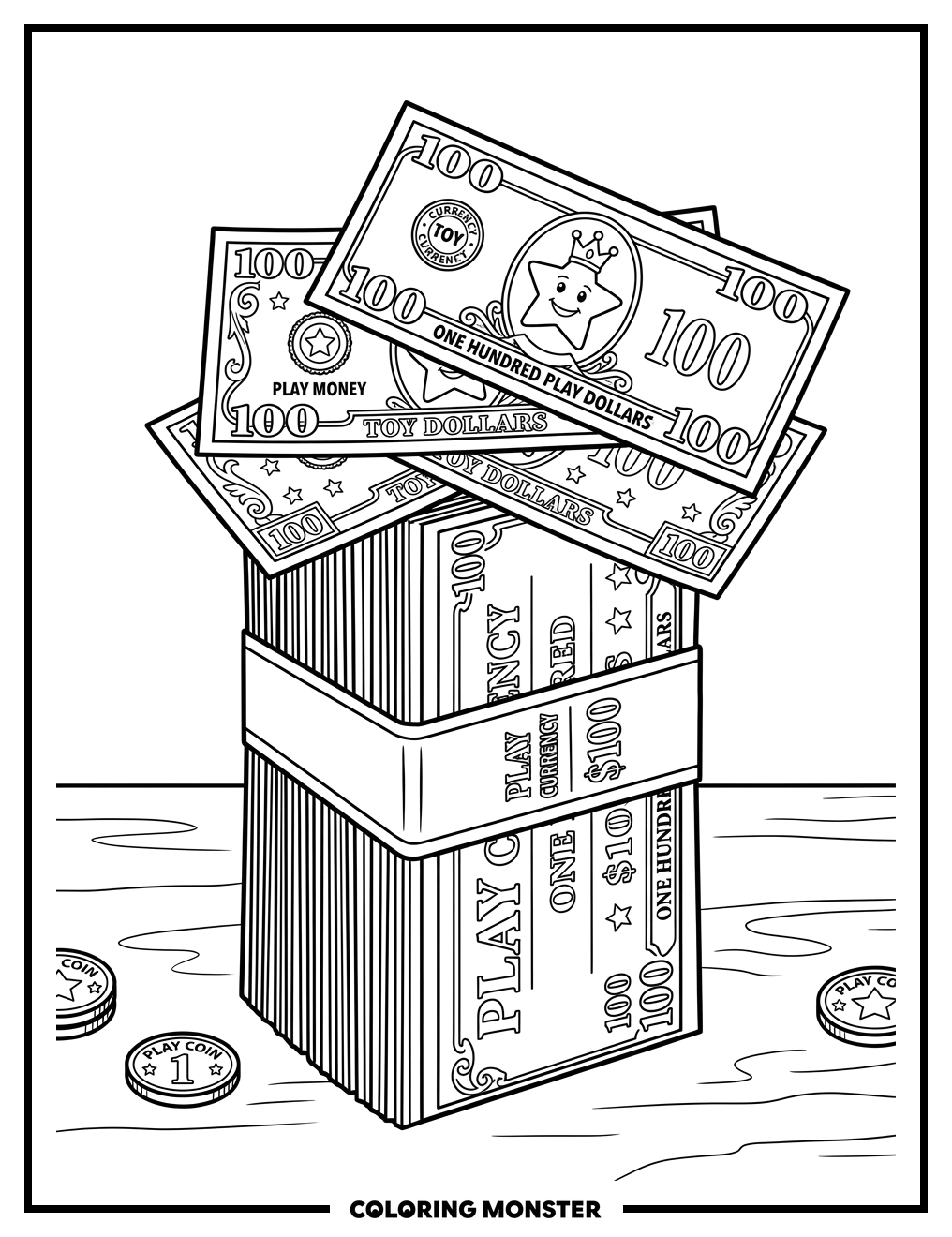Stack Of Play Money Coloring Page