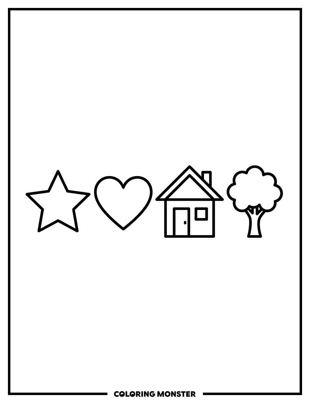 Star, Heart, House, and Tree Coloring Page