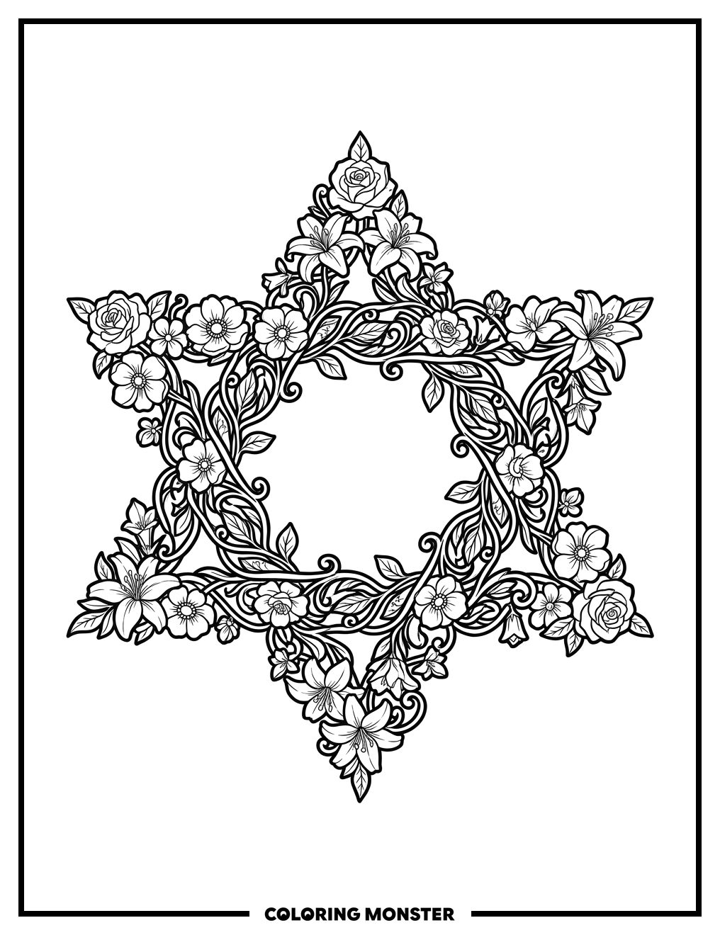 Star Of David With Flowers Coloring Page