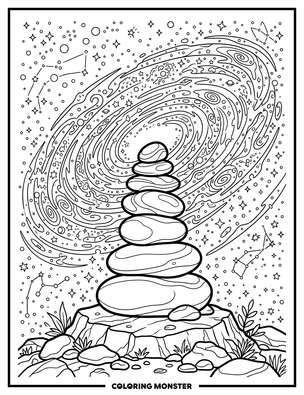 Starry Night Rock Cairn Coloring Page