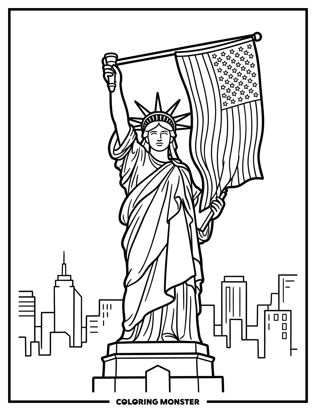Statue of Liberty Waving Flag Coloring Page