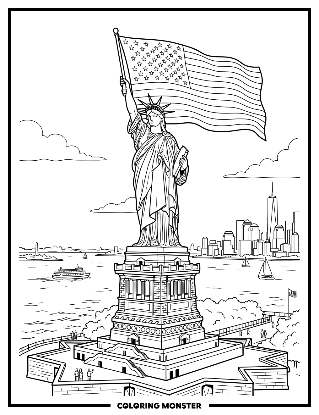 Statue of Liberty With American Flag Coloring Page