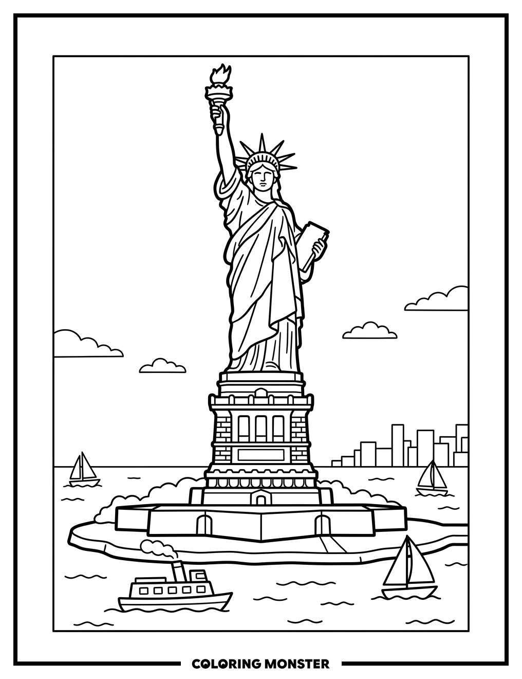 Statue of Liberty with Harbor Scene Coloring Page