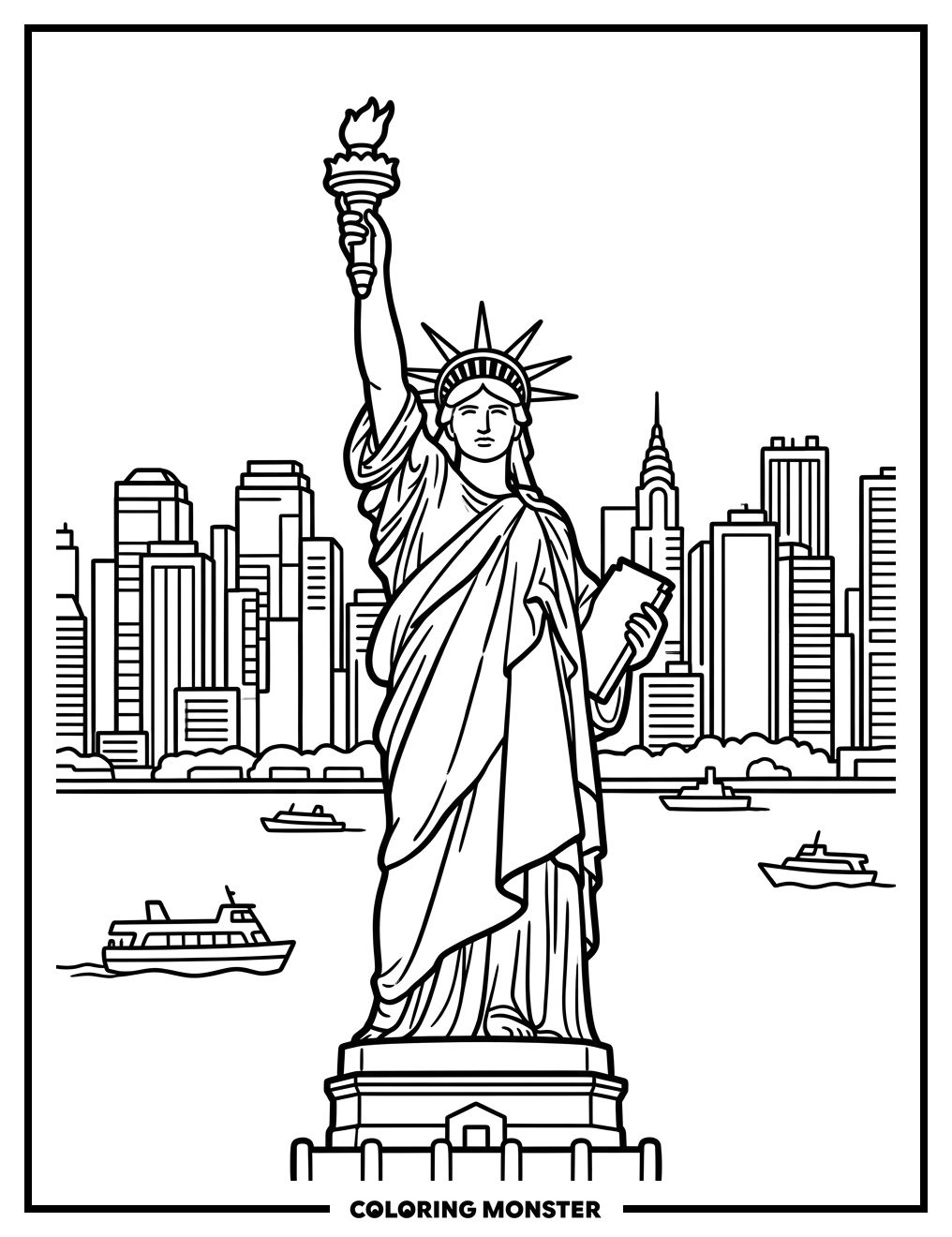 Statue Of Liberty With NYC Skyline Coloring Page