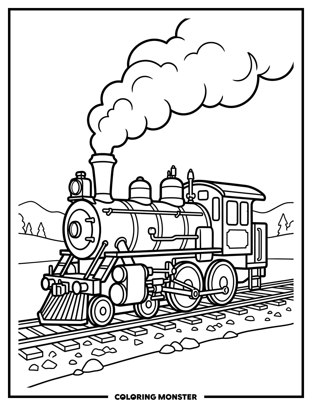Steam Locomotive On Tracks Coloring Page