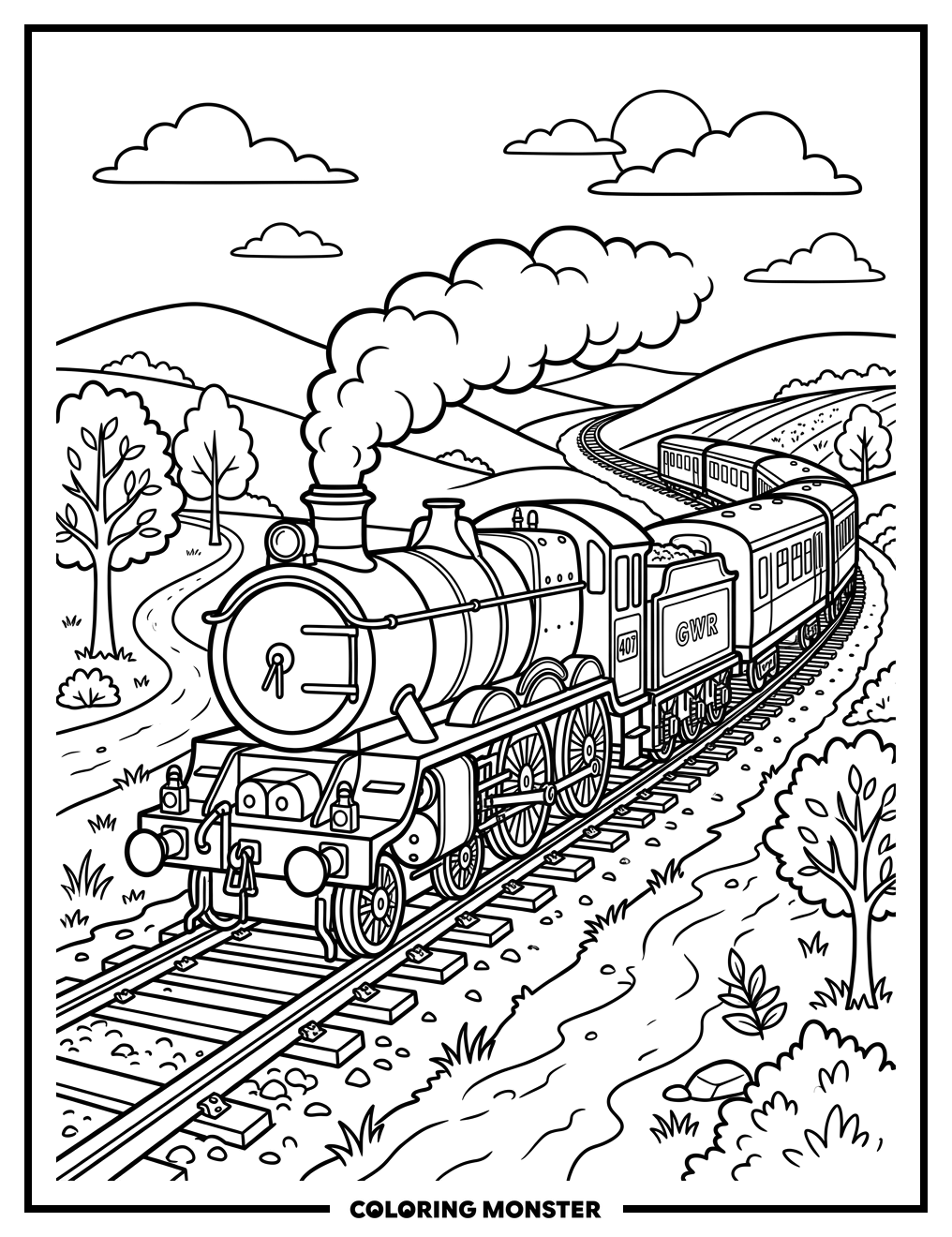 Steam Train Chugging Along Tracks Coloring Page