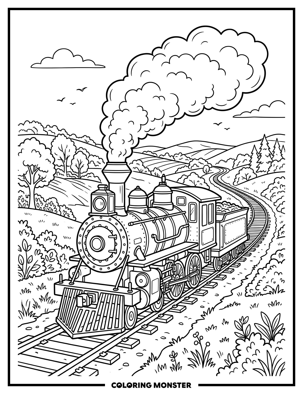 Steam Train Chugging Through Rolling Hills Coloring Page