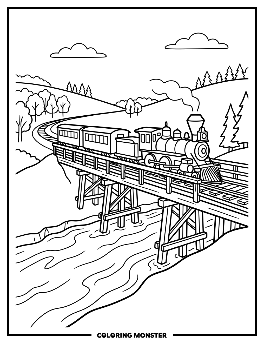 Steam Train Crossing Wooden Bridge Coloring Page