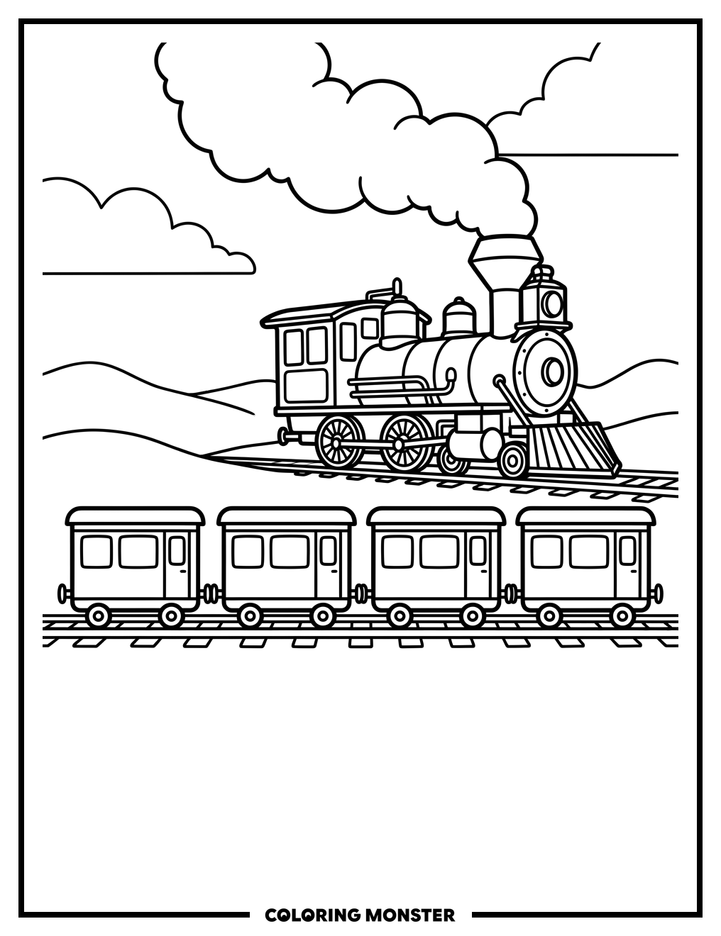 Steam Train With Passenger Cars Coloring Page