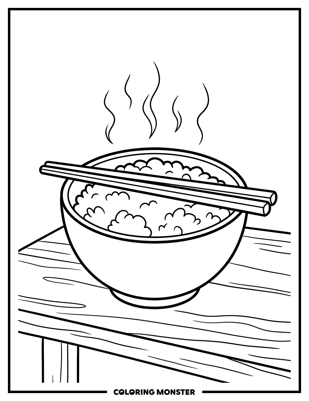 Steaming Rice Bowl and Chopsticks Coloring Page