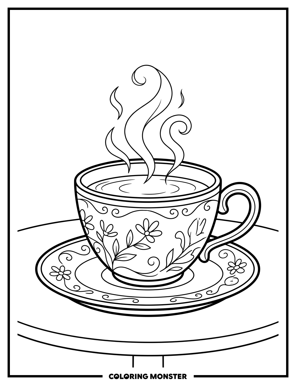 Steaming Teacup on Saucer Coloring Page