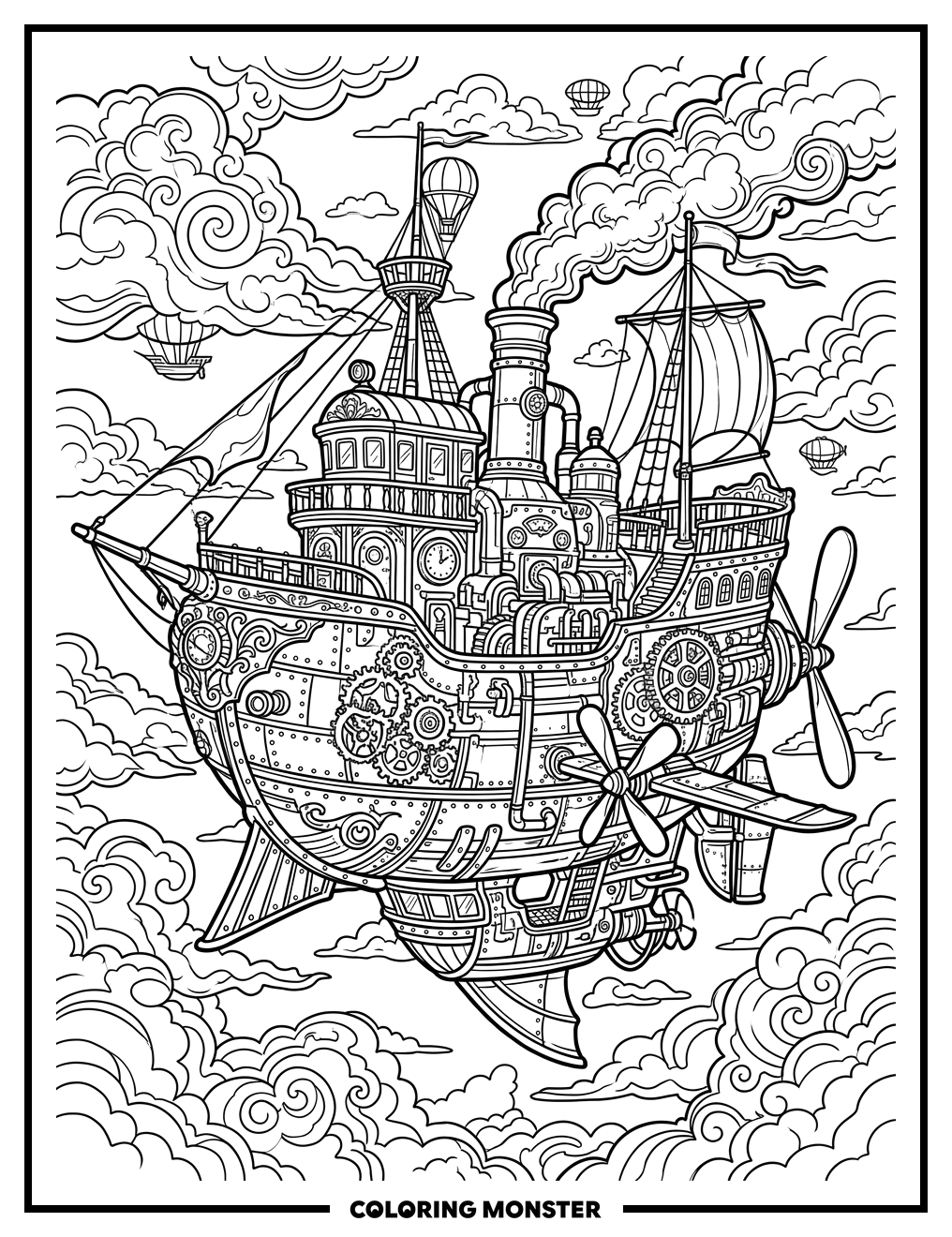 Steampunk Airship Drifting Through Clouds Coloring Page