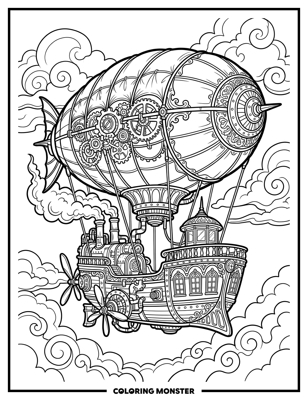 Steampunk Airship Soaring Through Clouds Coloring Page