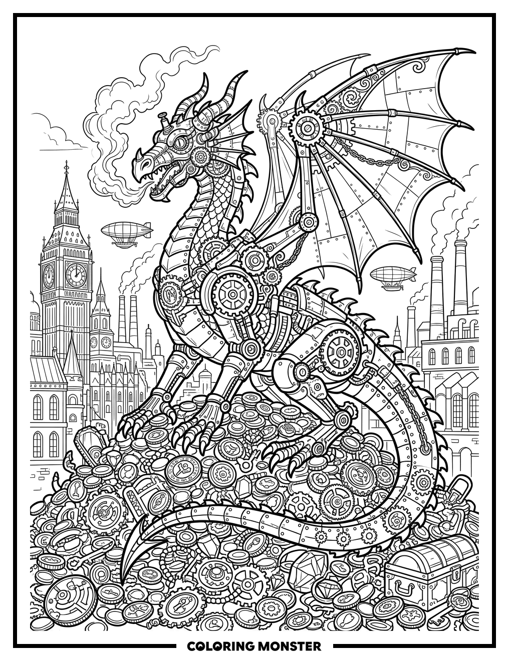 Steampunk Dragon Guarding Gold Coloring Page