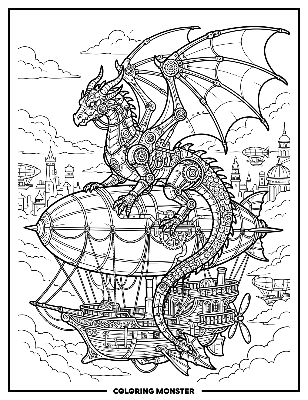 Steampunk Dragon on Airship Coloring Page