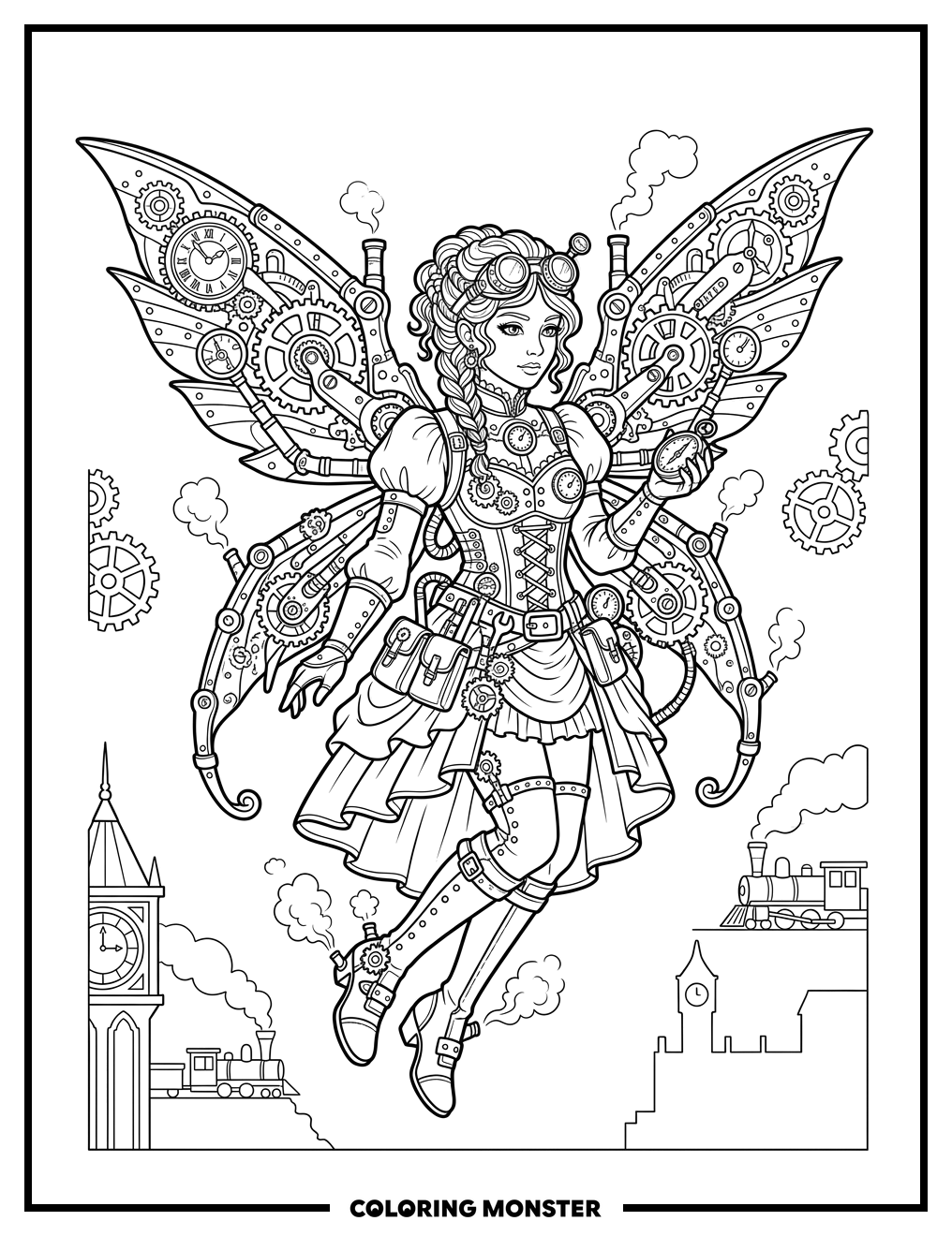Steampunk Fairy With Mechanical Wings Coloring Page