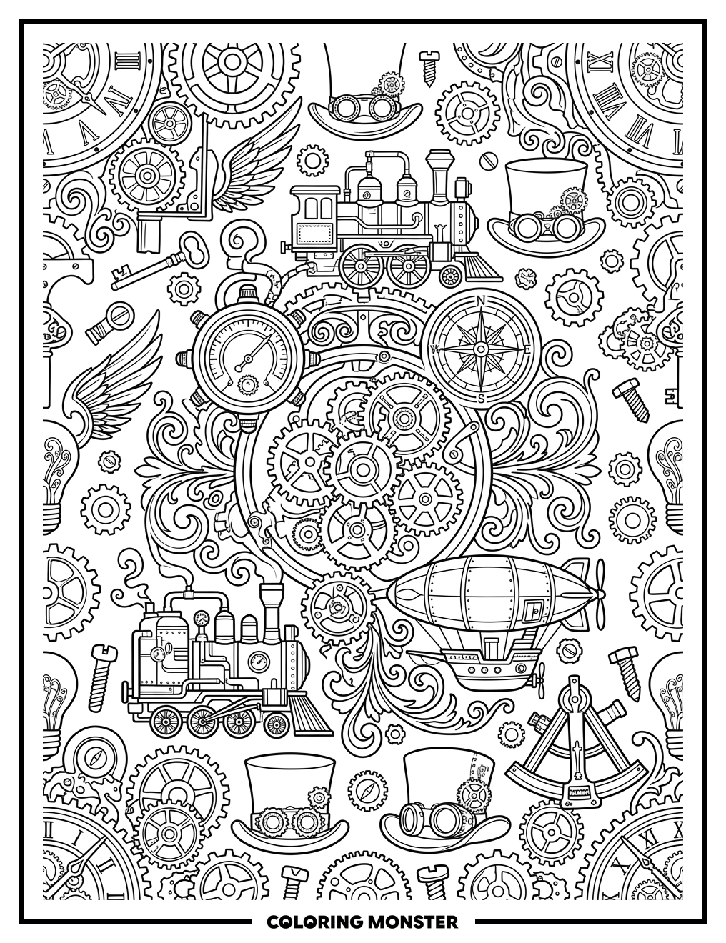 Steampunk Gears and Gadgets Pattern Coloring Page