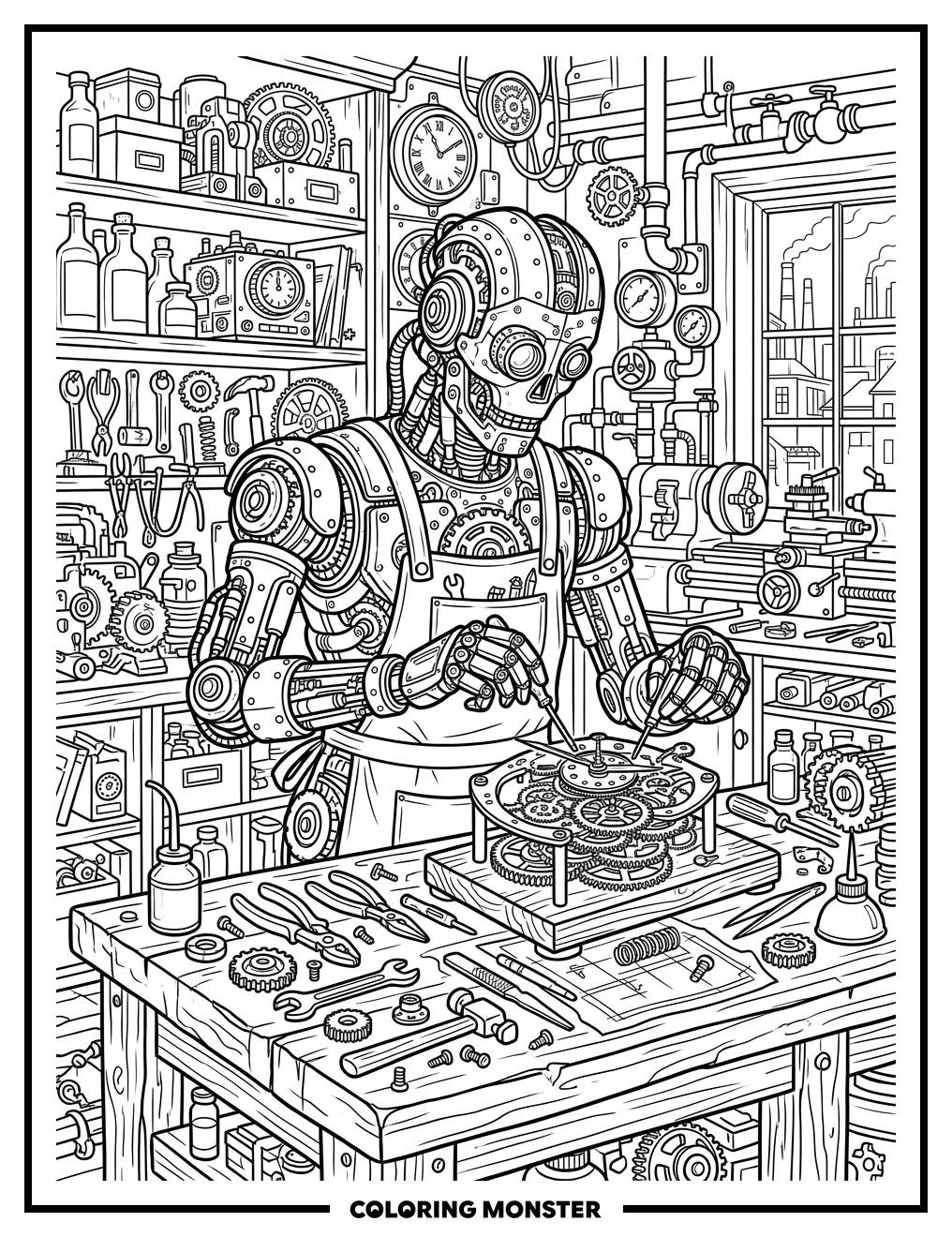 Steampunk Robot Building Clockwork Device Coloring Page