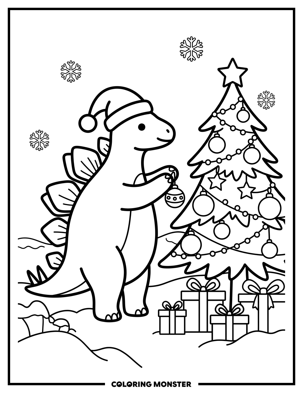 Stegosaurus Decorating a Christmas Tree Coloring Page