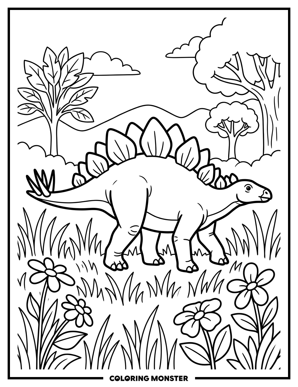Stegosaurus in a Prehistoric Meadow Coloring Page