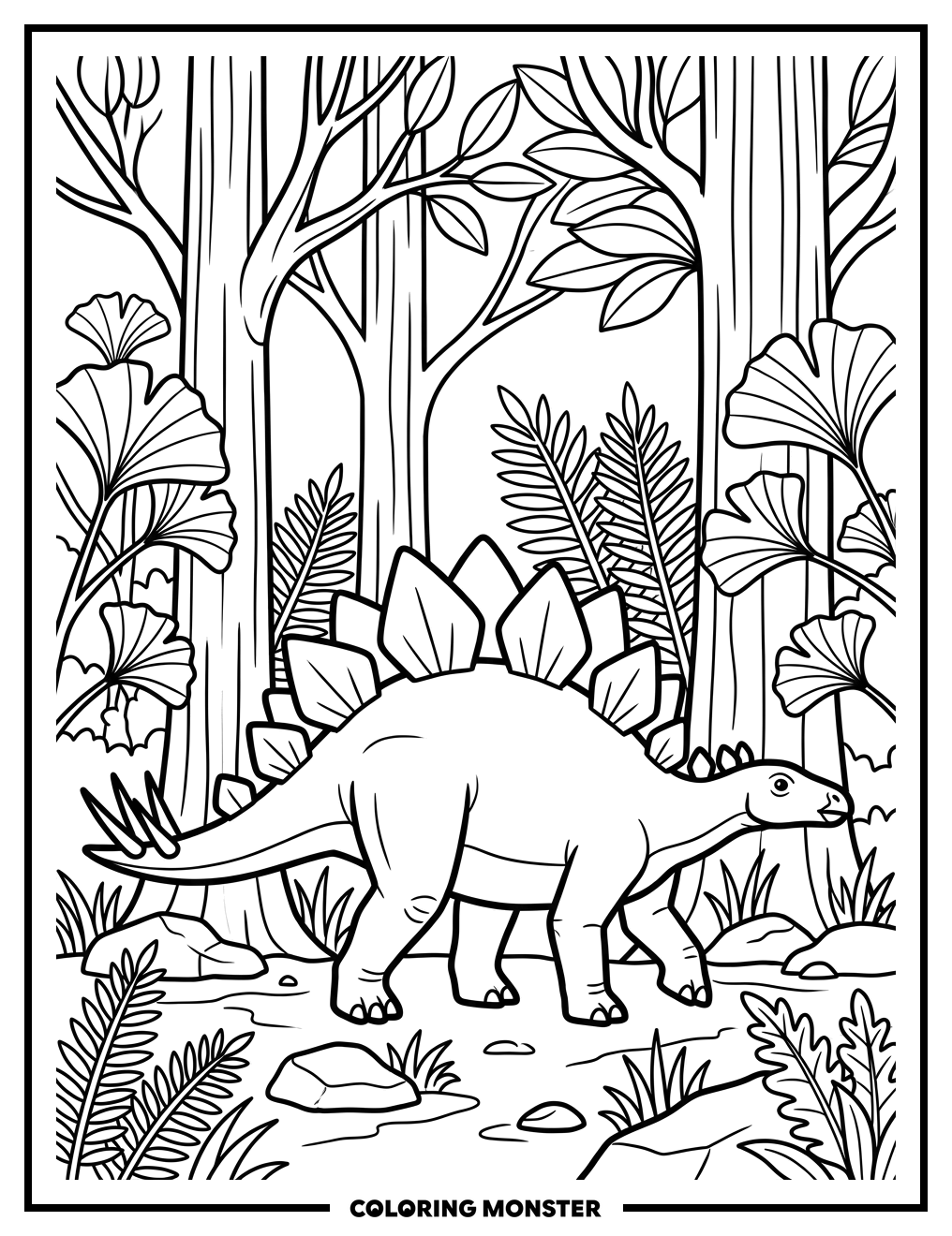 Stegosaurus in Ancient Forest Coloring Page
