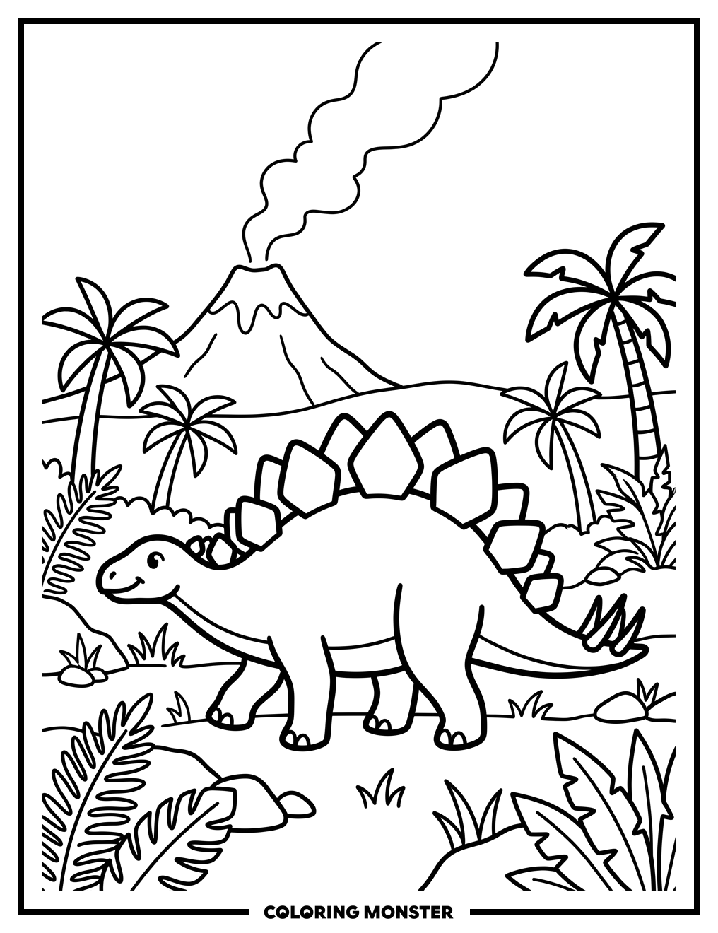 Stegosaurus Near Volcano Coloring Page