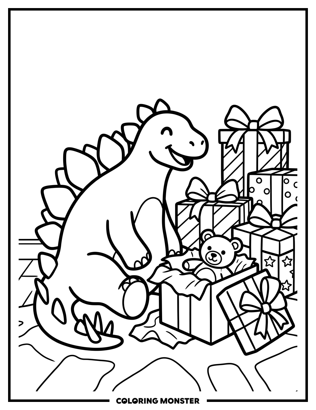 Stegosaurus with Christmas Presents Coloring Page
