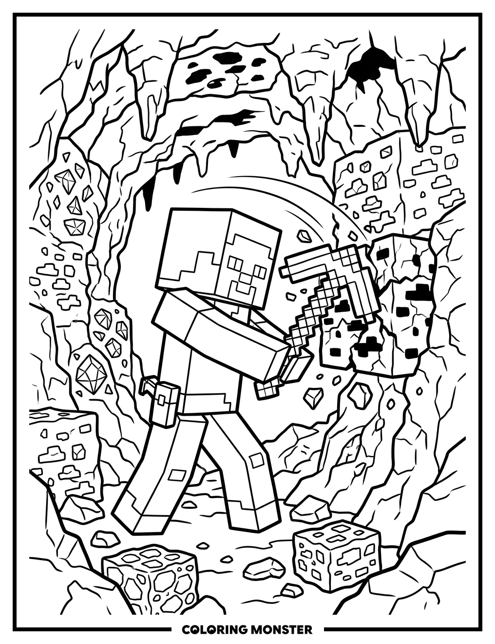 Steve Mining Ore in Cave Coloring Page