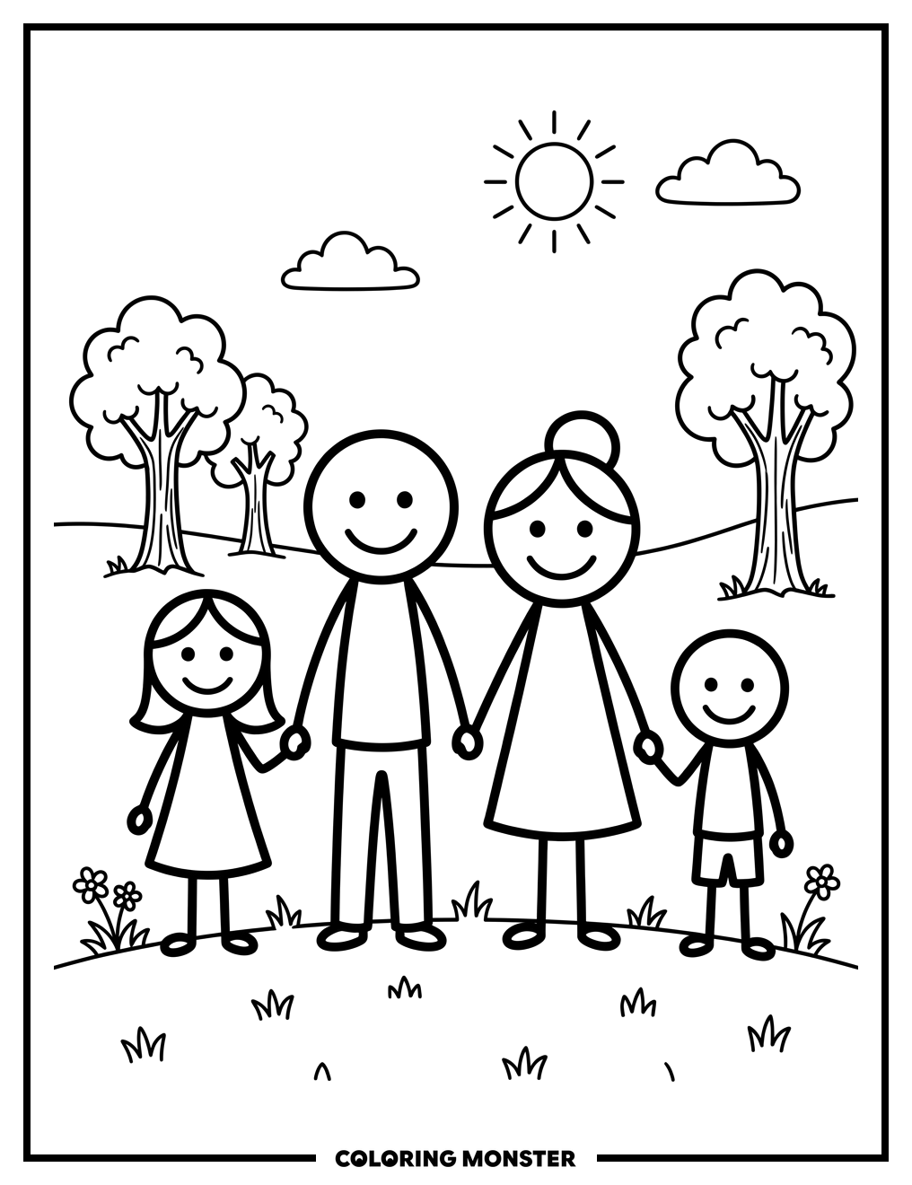 Stick Figure Family in Field Coloring Page