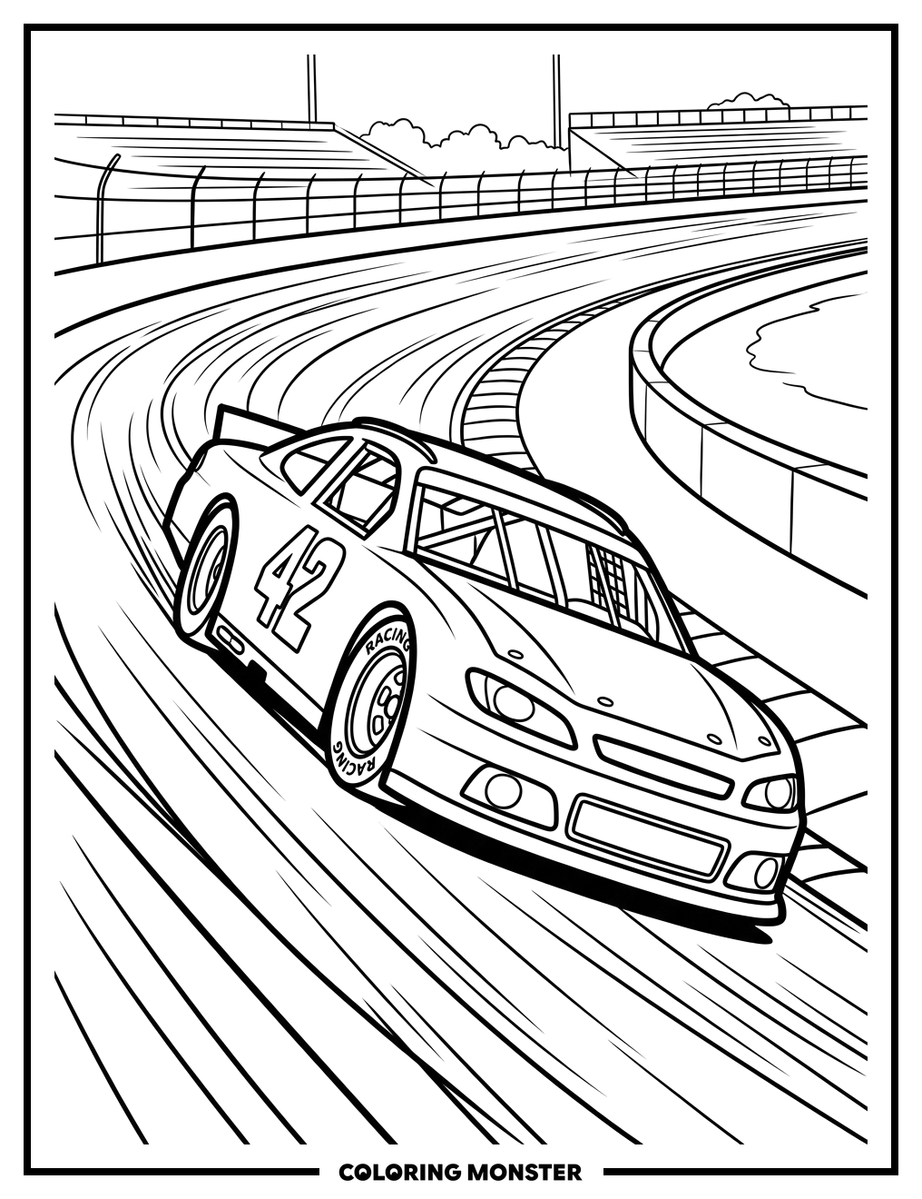 Stock Car Racing on Track Coloring Page