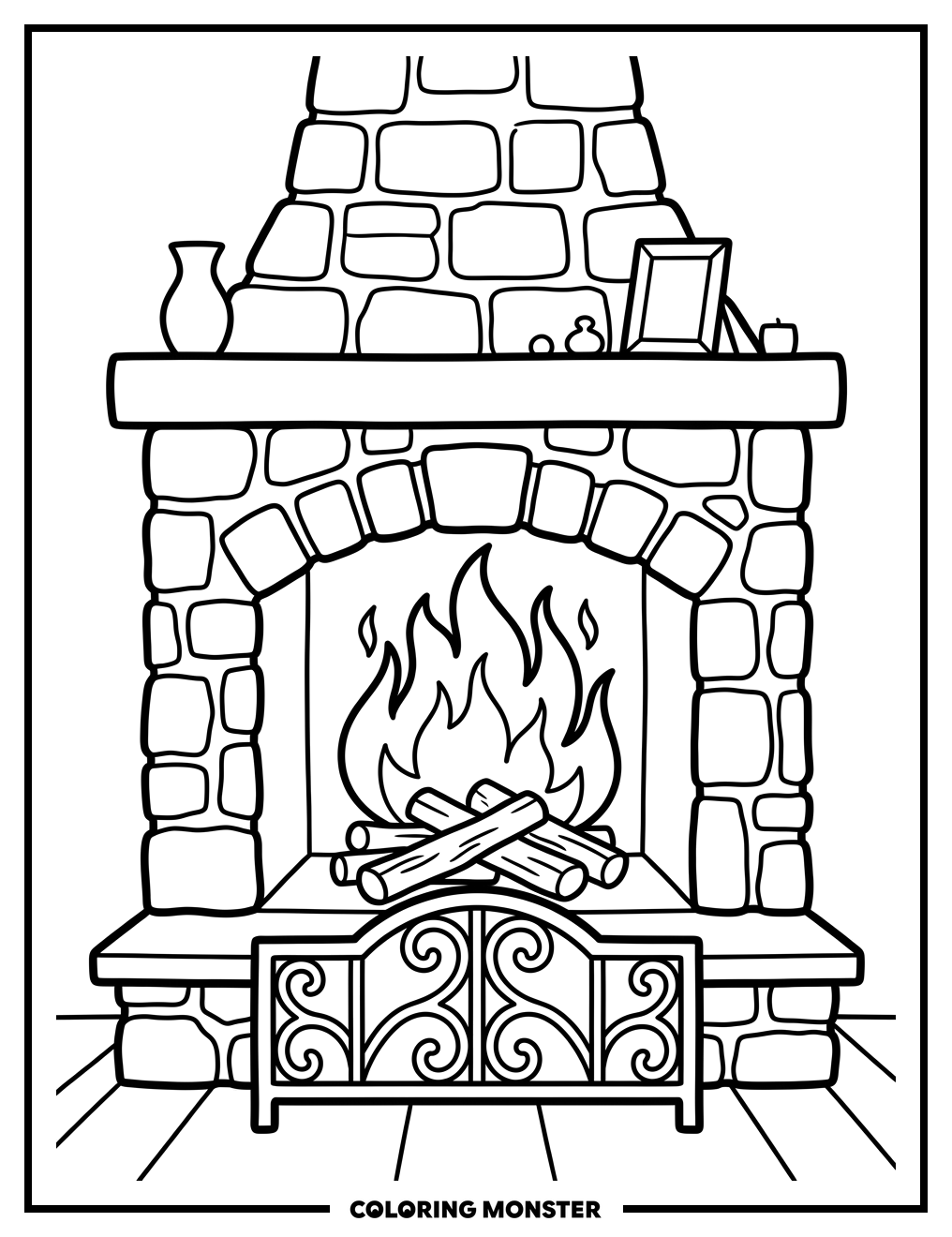 Stone Fireplace with Roaring Fire Coloring Page