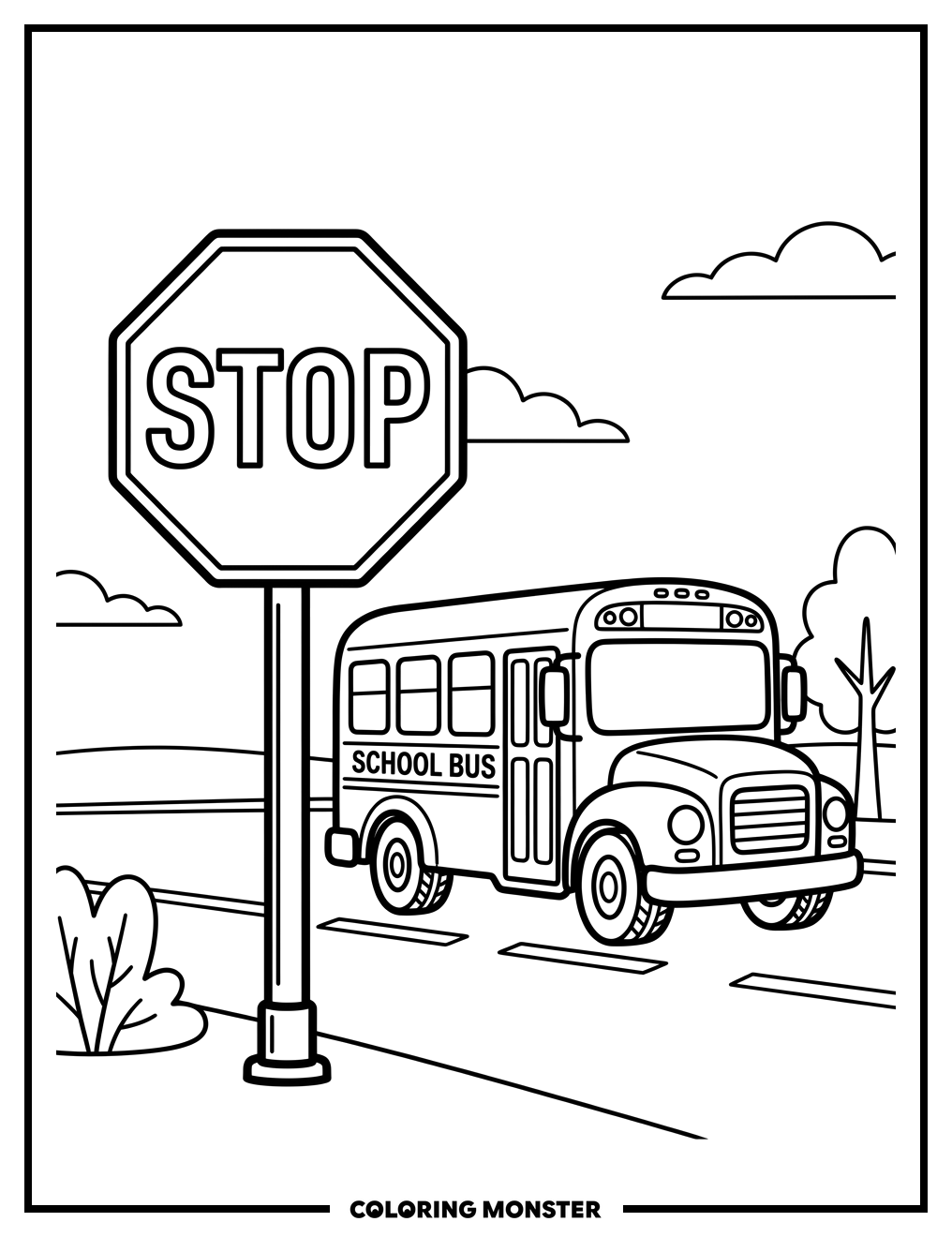 Stop Sign and School Bus Coloring Page