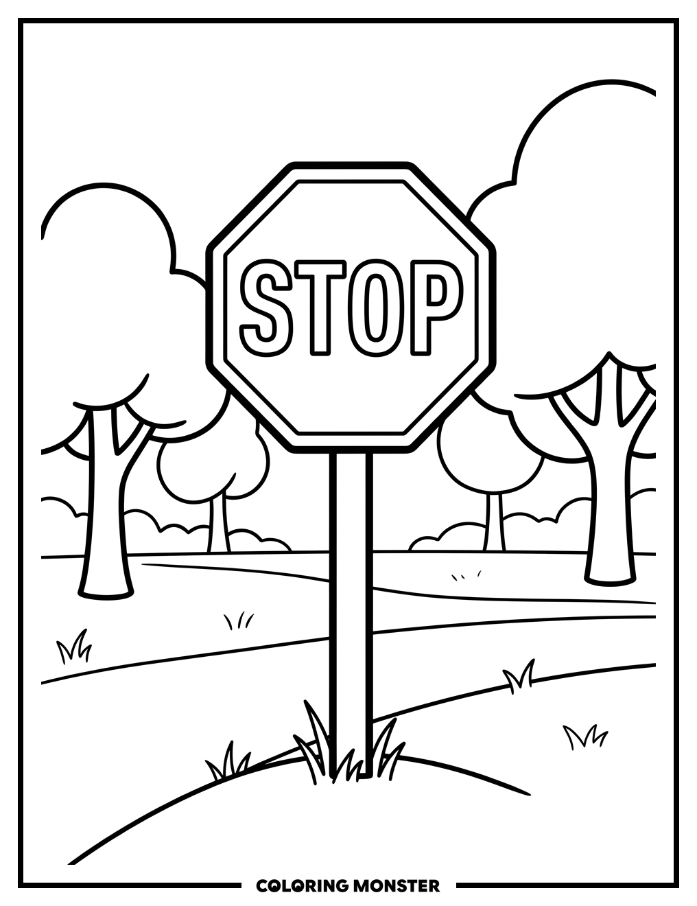 Stop Sign in a Park Coloring Page