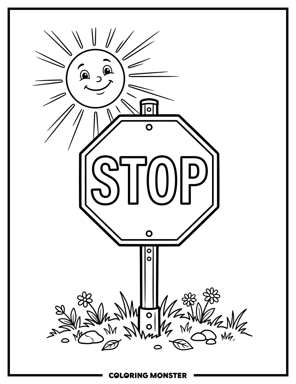 Stop Sign With A Smiling Sun Coloring Page