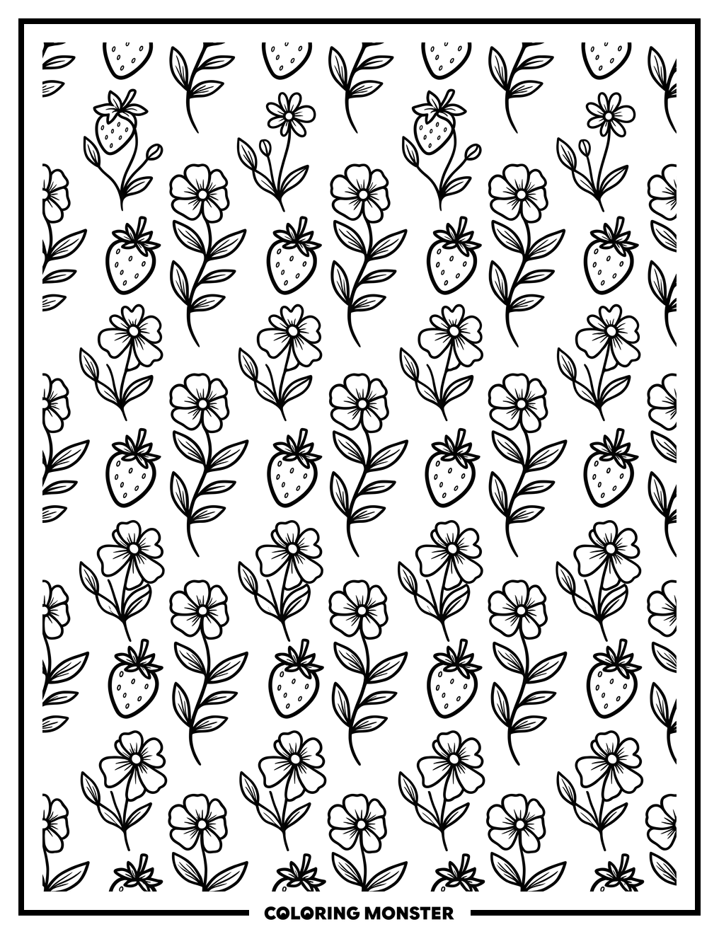 Strawberry and Wildflower Pattern Coloring Page