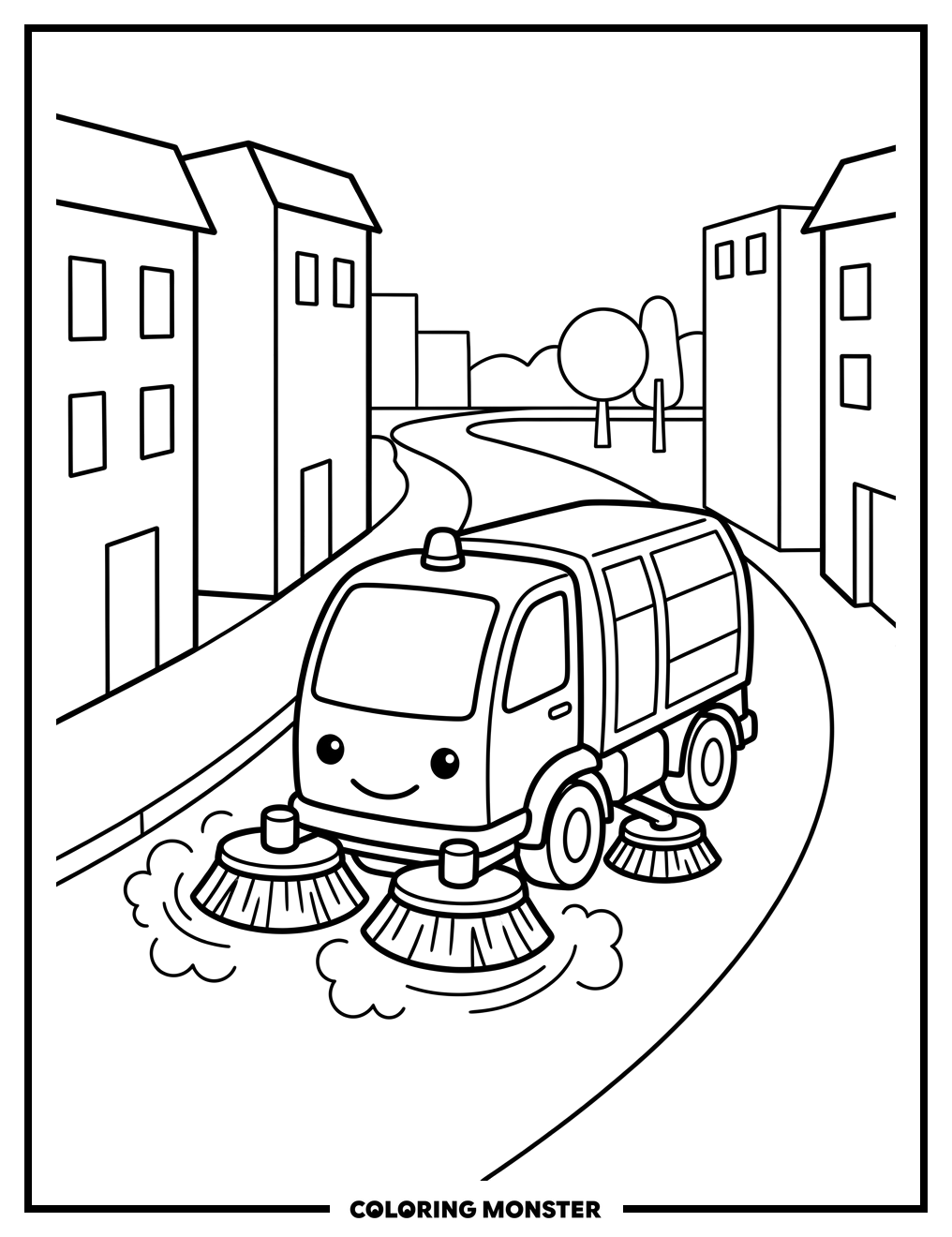 Street Sweeper Cleaning a City Street Coloring Page