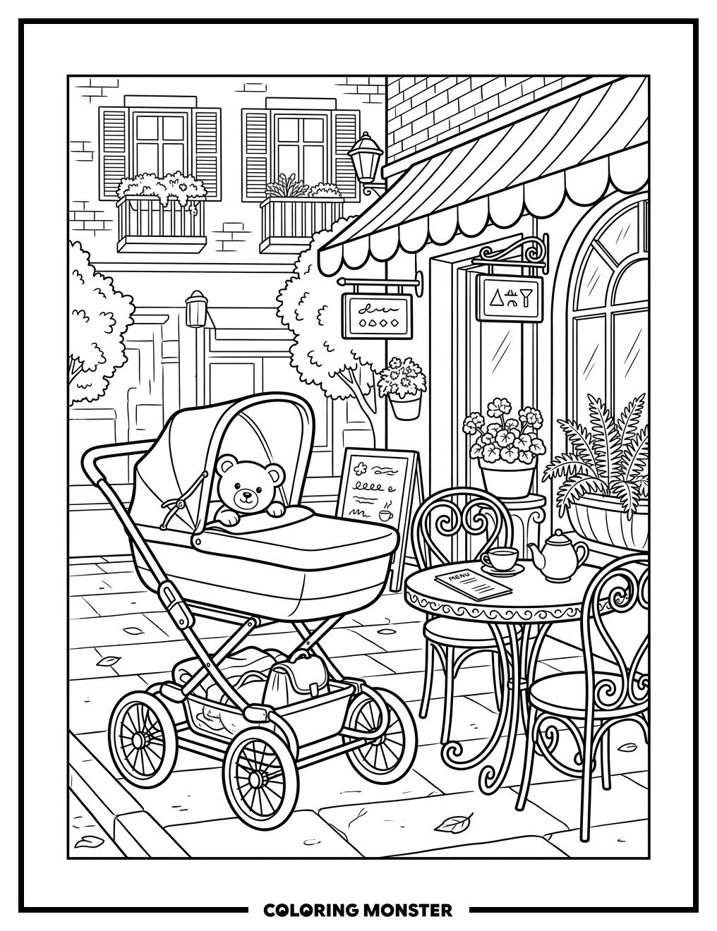 Stroller at Sidewalk Cafe Coloring Page