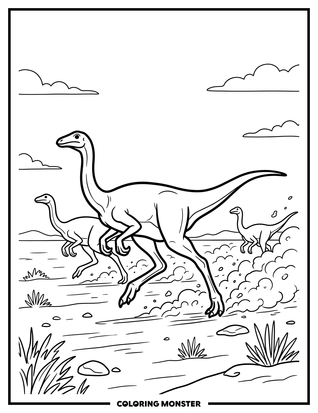 Struthiomimus Running on Dusty Plain Coloring Page