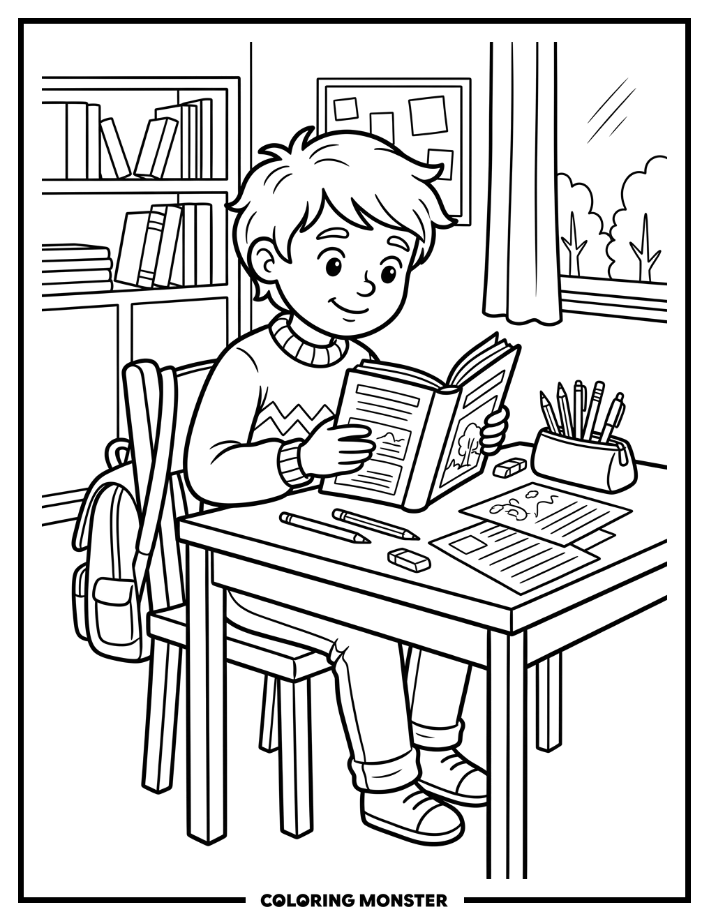 Student Reading At Desk With Books Coloring Page