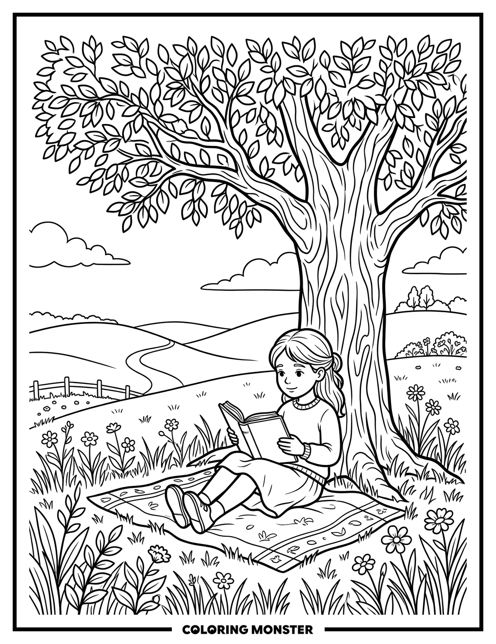 Student Reading Under a Tree Coloring Page