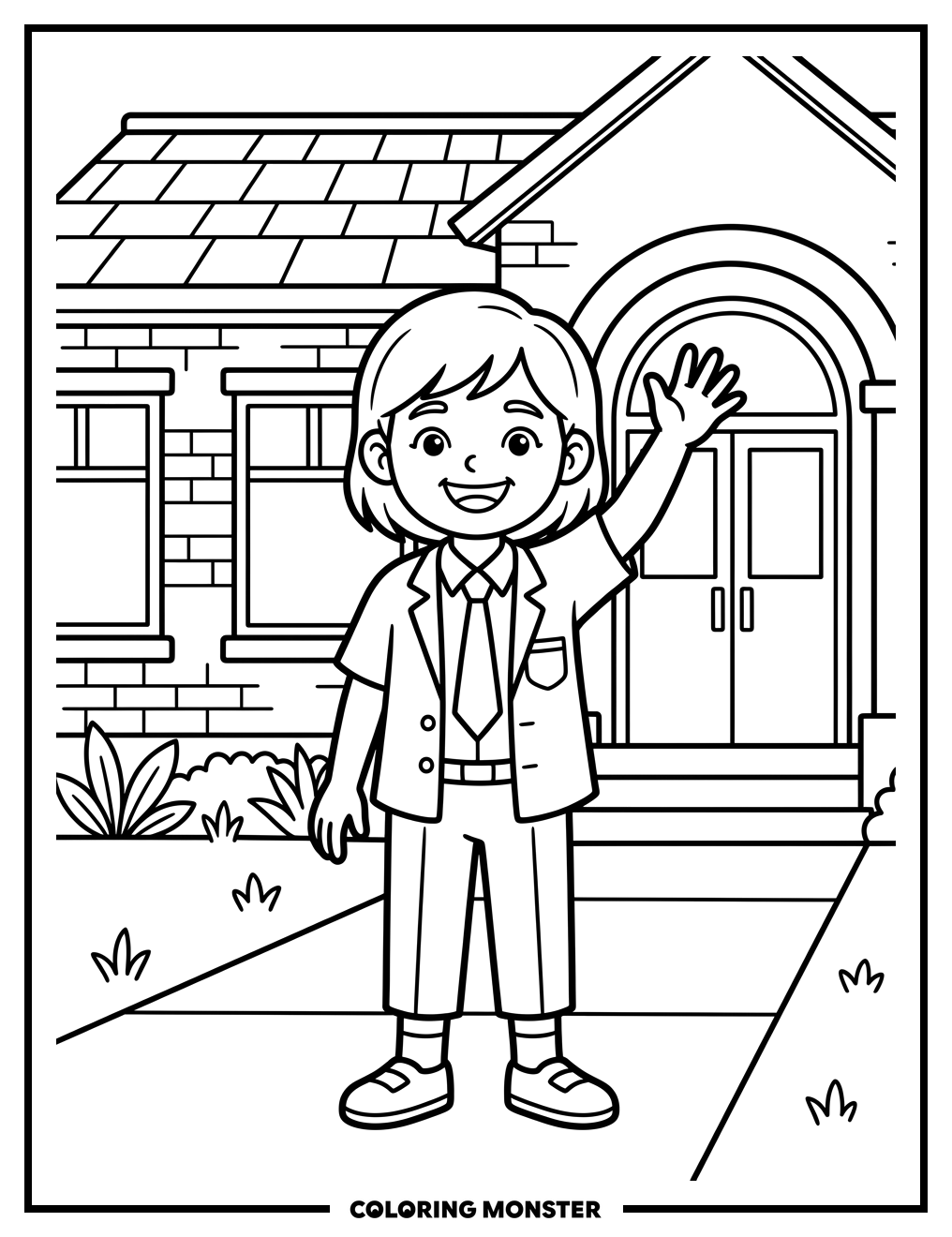 Student Waves Hello at School Coloring Page