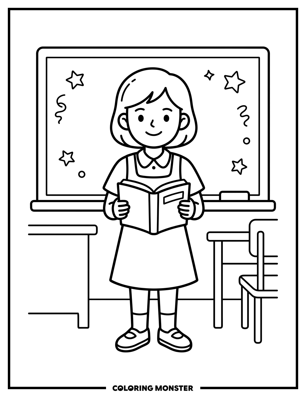 Student With Open Book at Blackboard Coloring Page