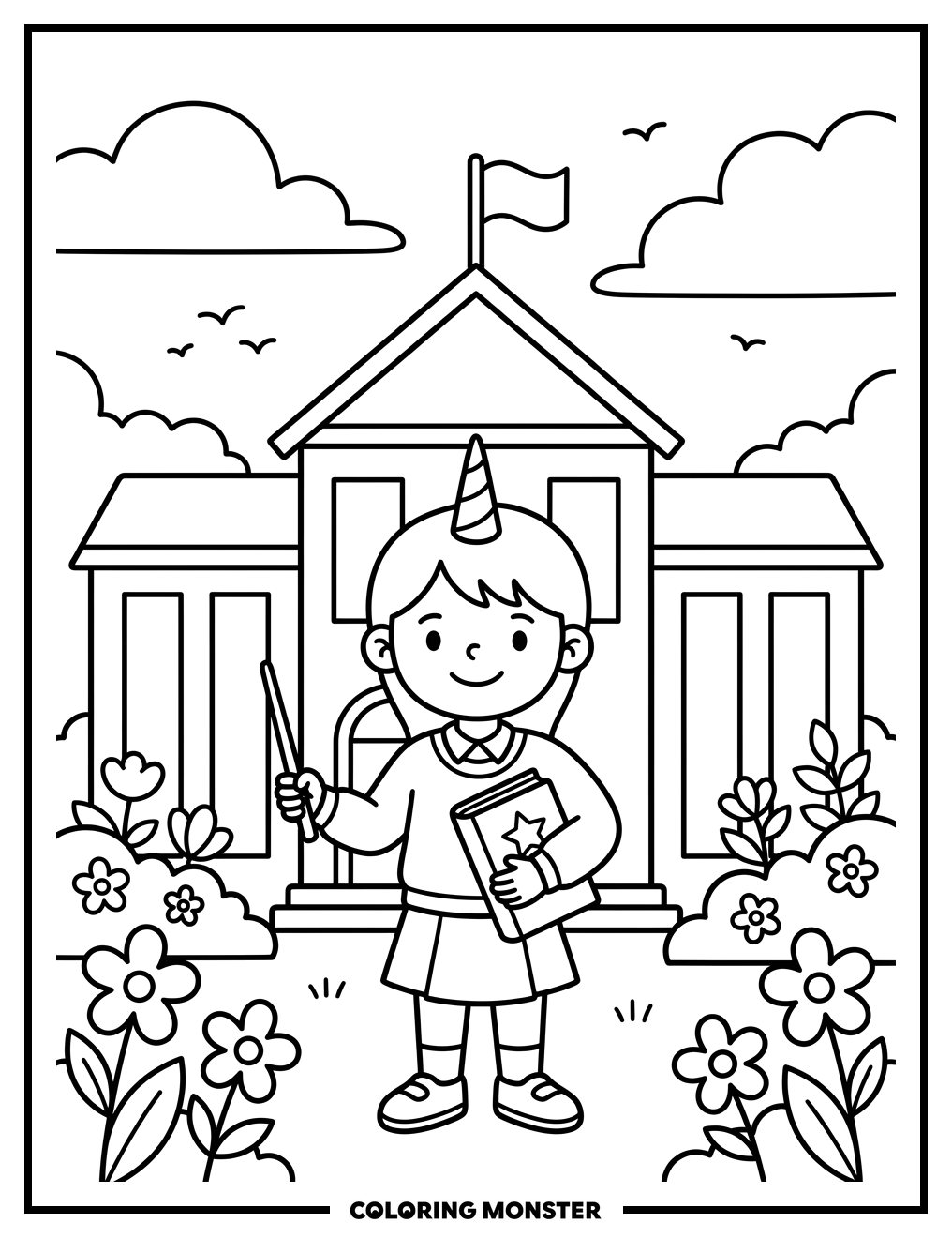 Student With Unicorn Horn At School Coloring Page