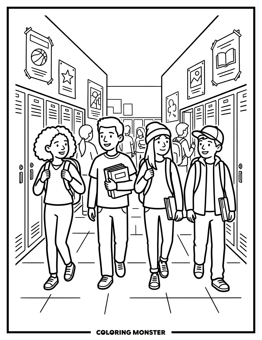Students In School Hallway Coloring Page