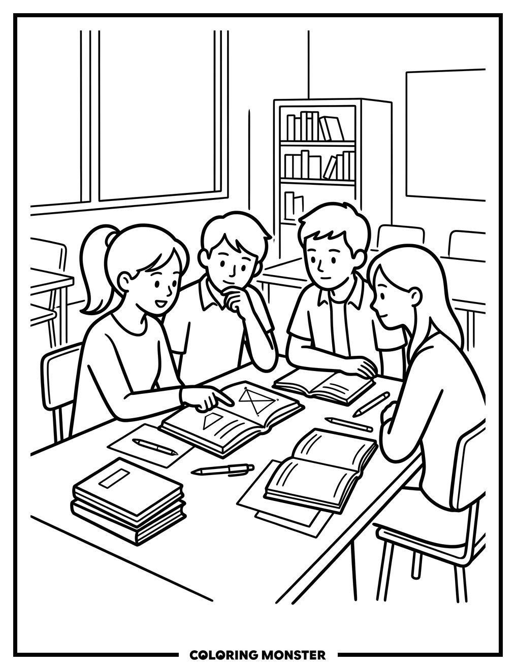 Students Studying Together At Table Coloring Page