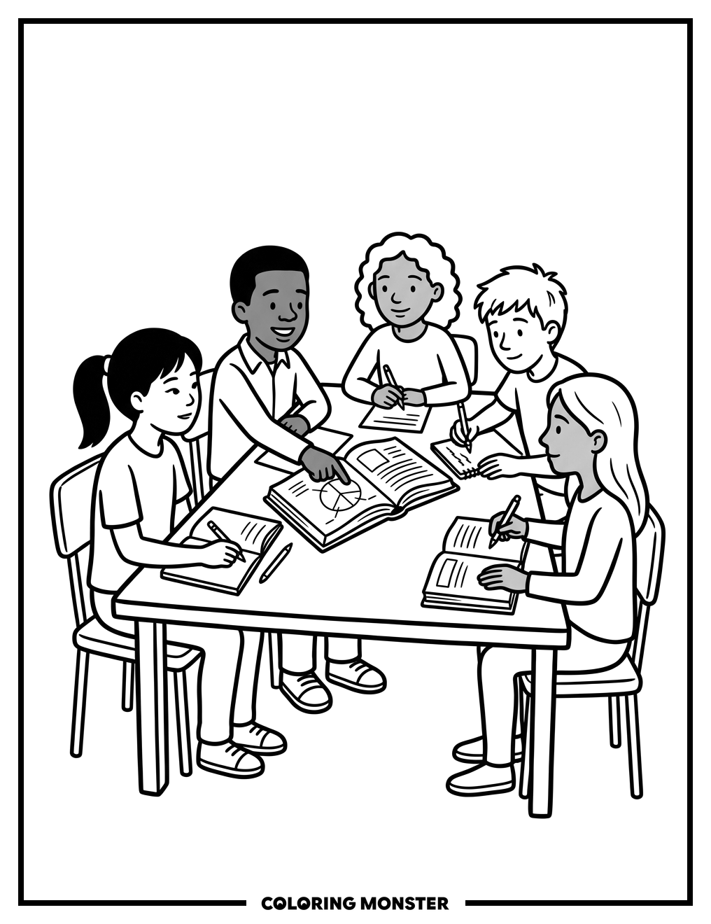 Students Studying Together Coloring Page