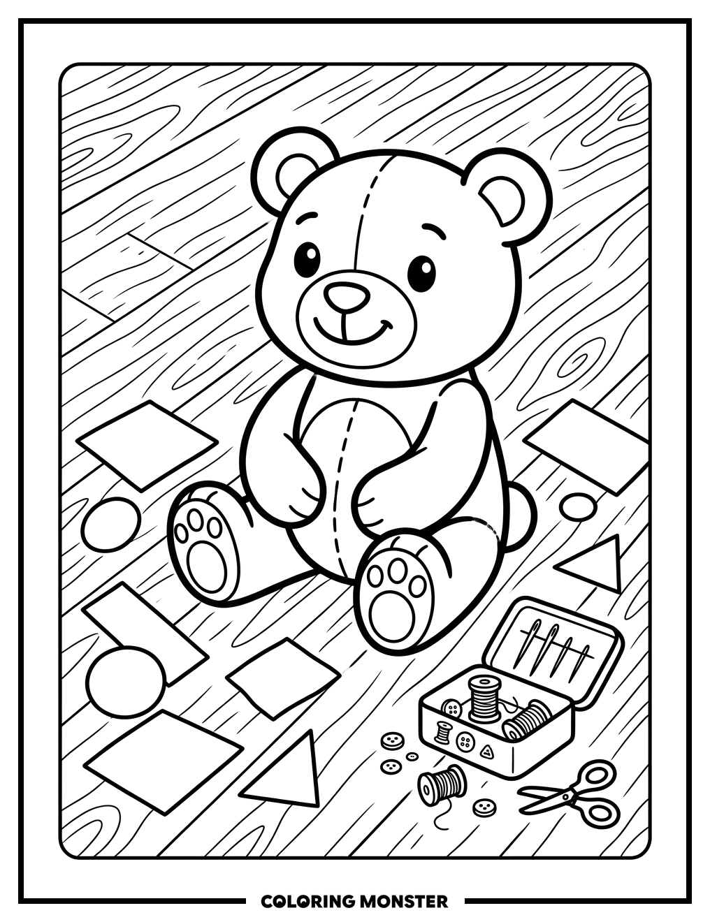 Stuffed Bear with Sewing Kit Coloring Page