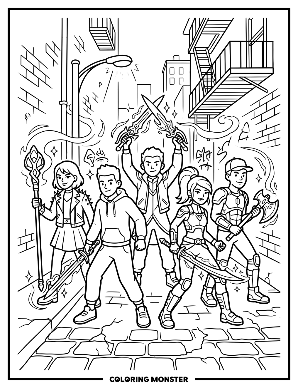 Stylish Youth With Glowing Weapons Coloring Page