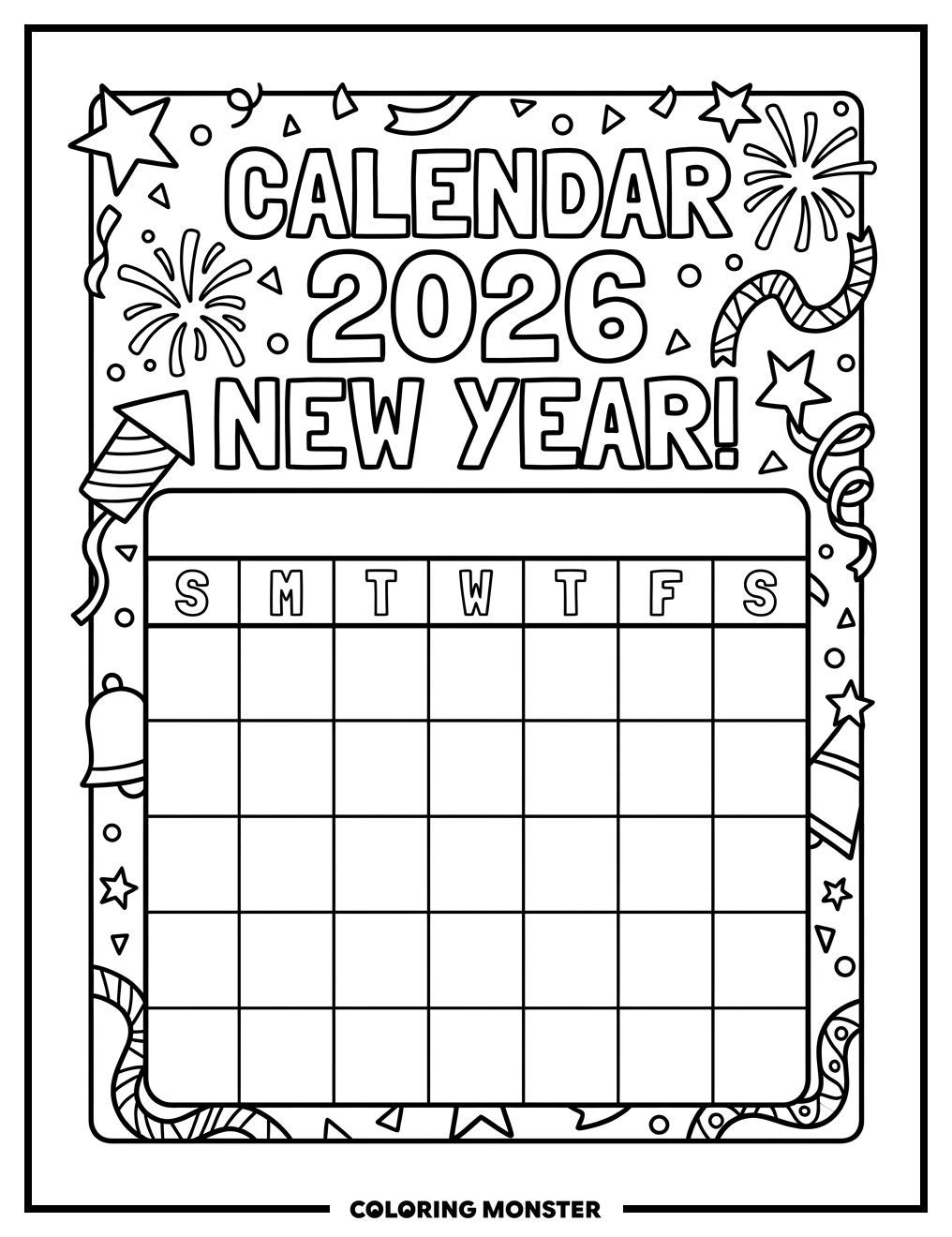 Stylized 2026 Calendar Page Coloring Page
