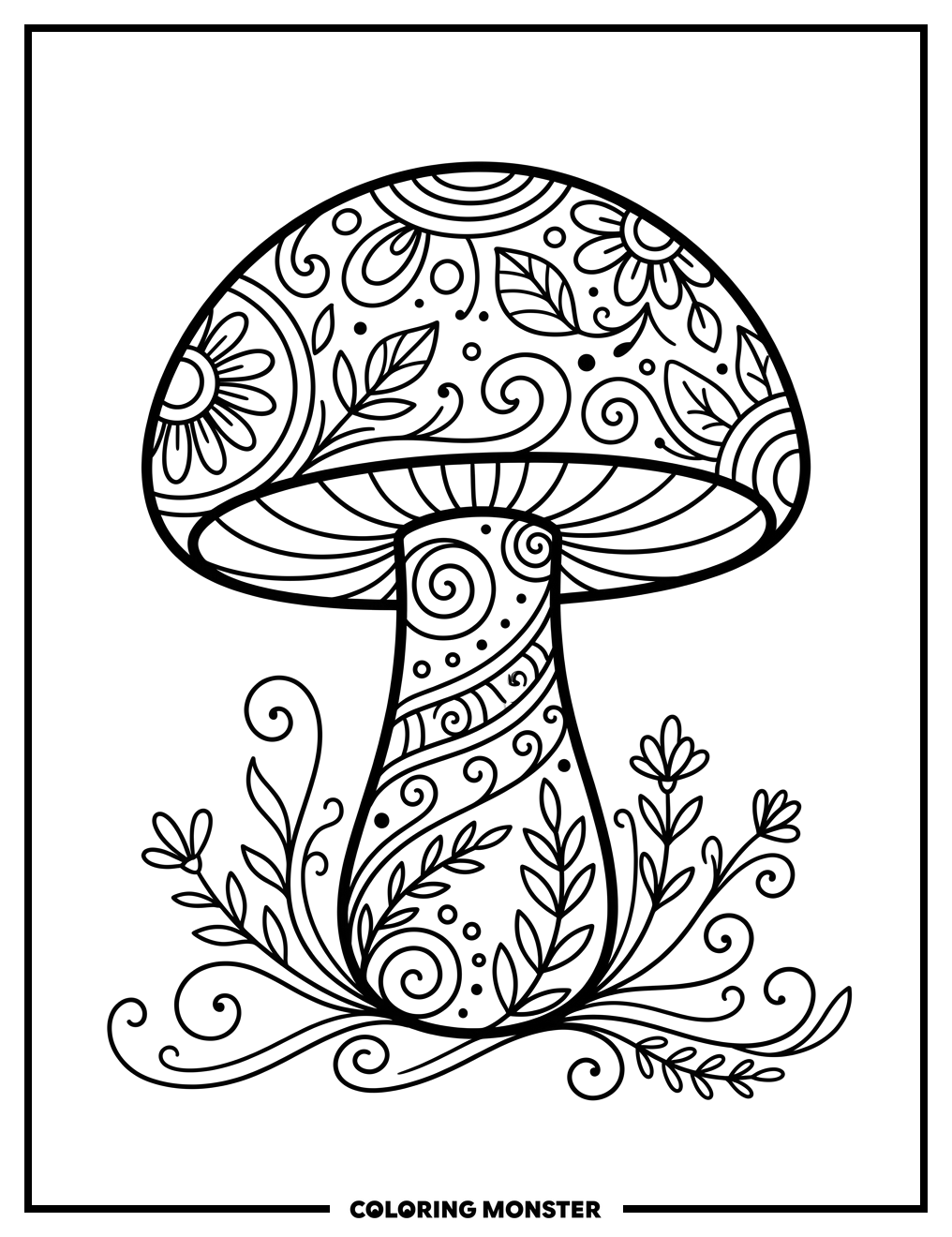 Stylized Mushroom with Swirls Coloring Page